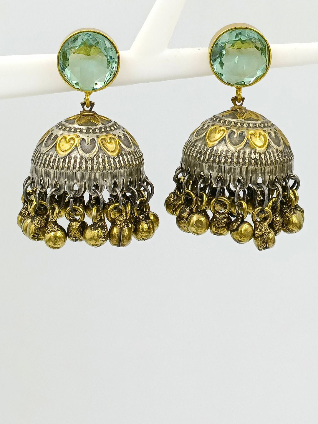 BLACKBOX Artificial Stones Studded Dome Shaped Antique Dual Tone Jhumkas