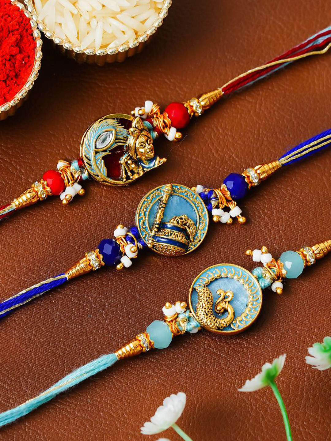eCraftIndia Set of 3 Beaded Peacock & Krishna DesignThread Rakhis