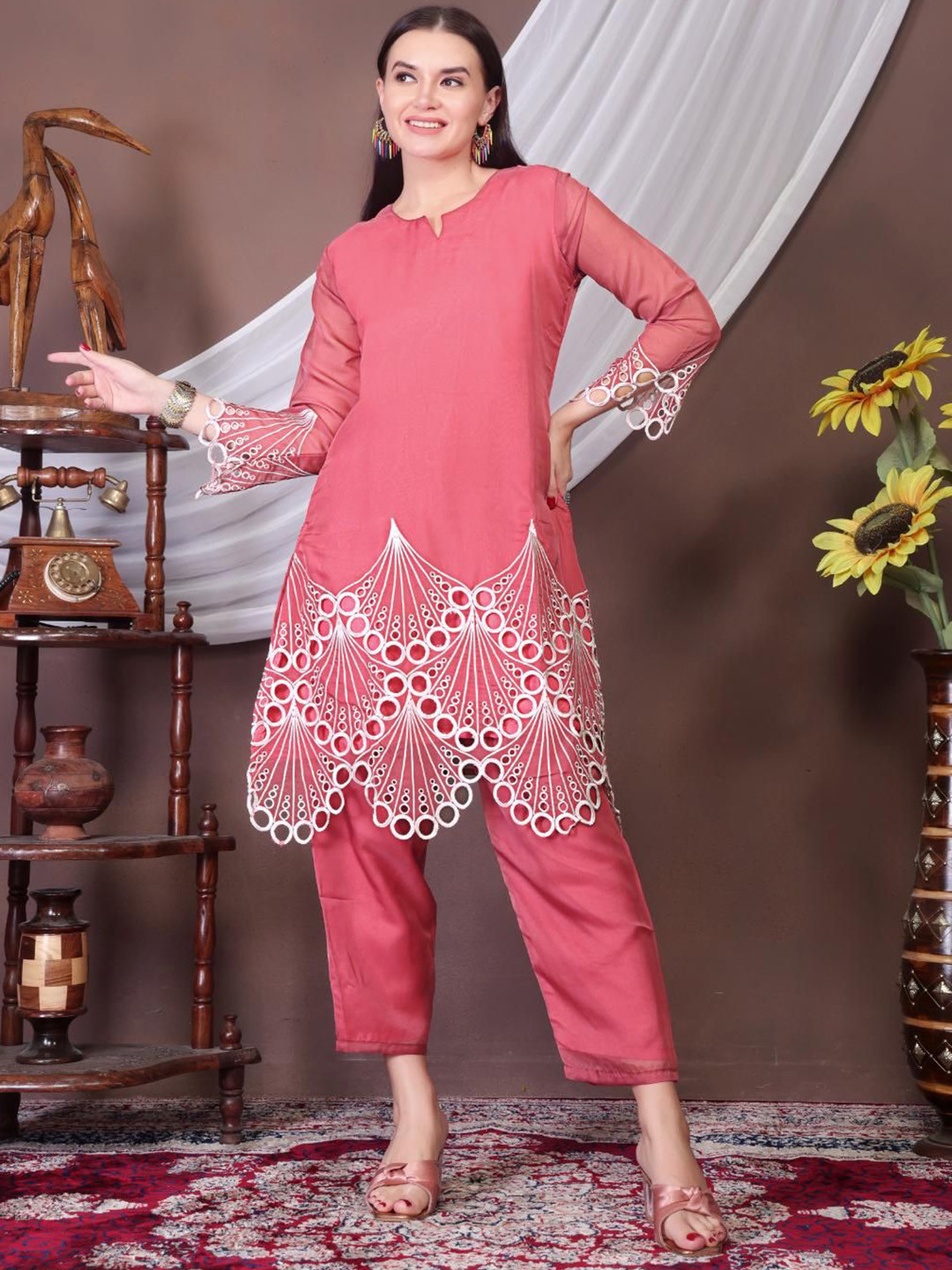 BINDUDI Floral Embroidered Schiffli Notch Neck Organza A-Line Kurta With Trousers