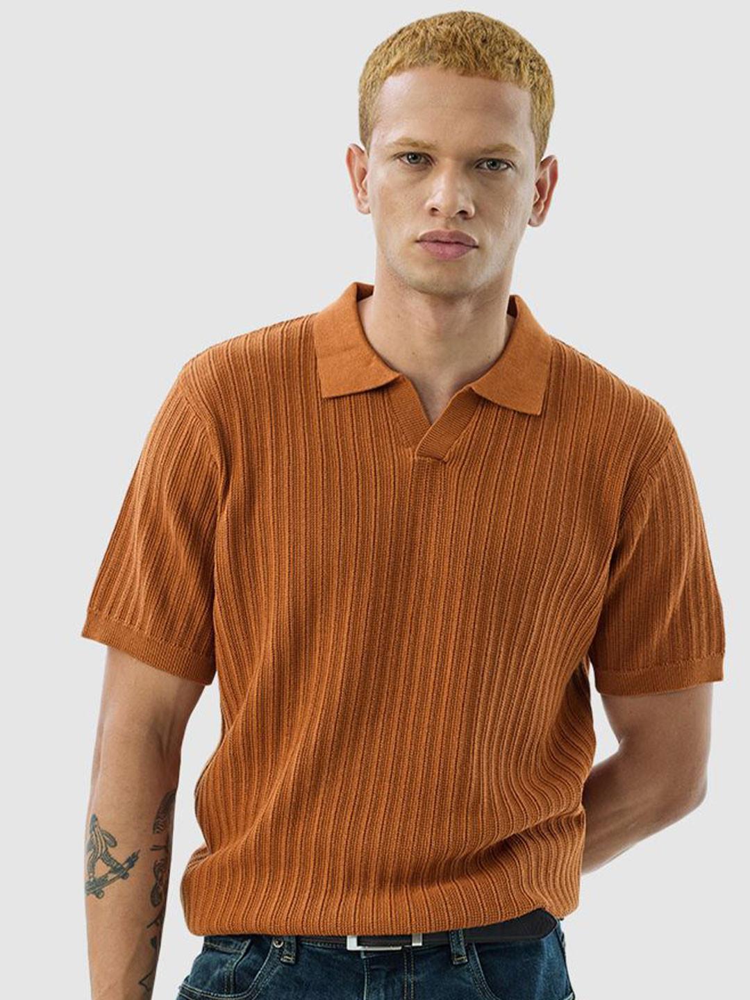 Snitch Men Cotton Terracotta Textured T-Shirt
