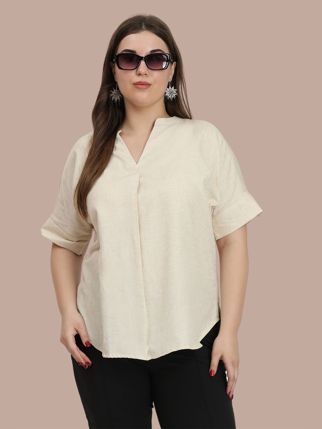 SINDOORI Women Plus Size Mandarin Collar Cotton Shirt Style Top