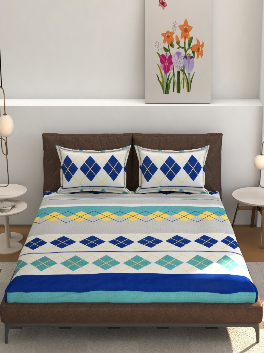 Galaxy Home Decor White & Blue Printed 210 TC Fitted King Bedsheet Set-2.28 m x 2.54 m