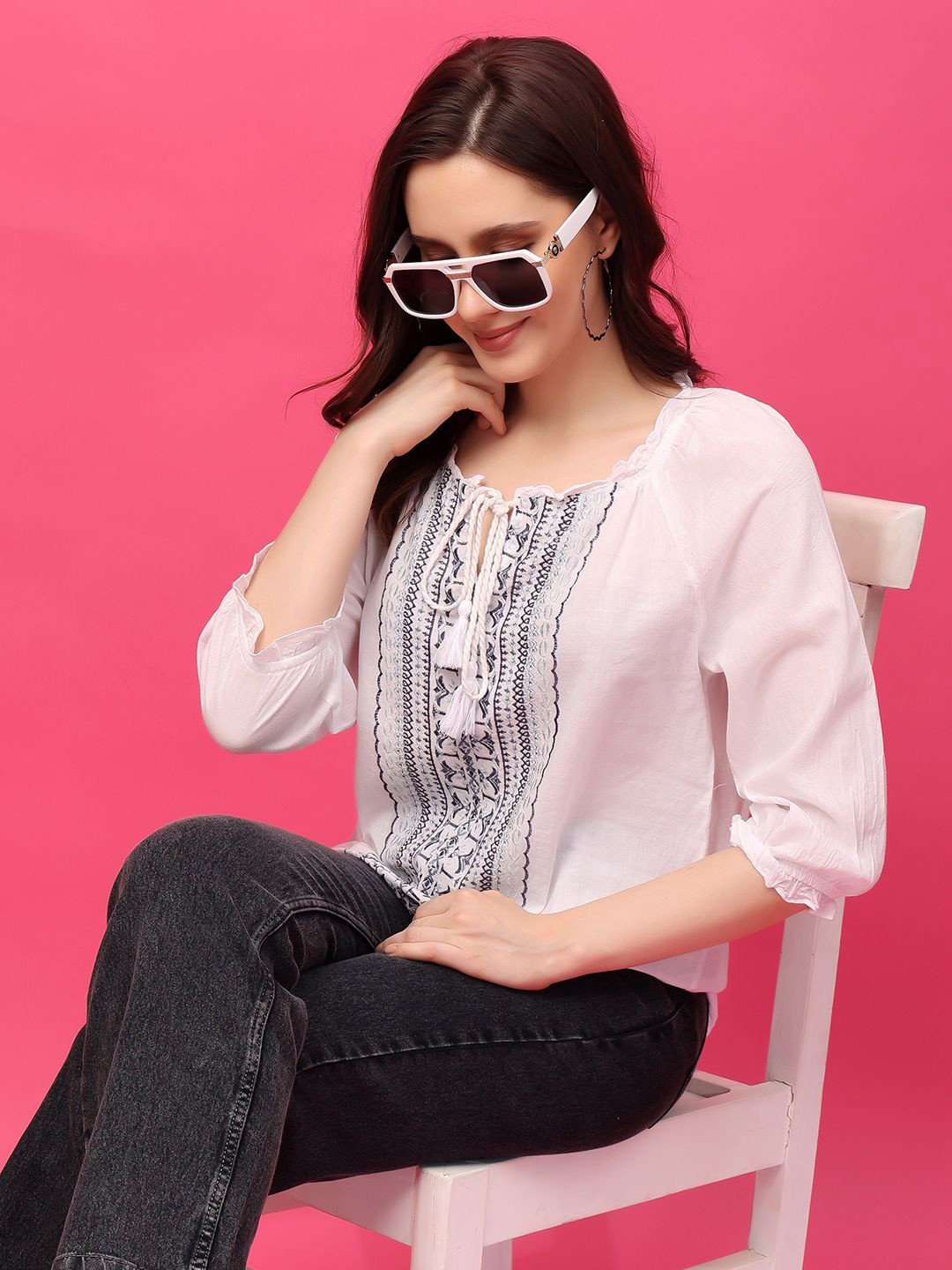 RANGRIWAZ Women Cotton Three-Quarter Sleeves Top
