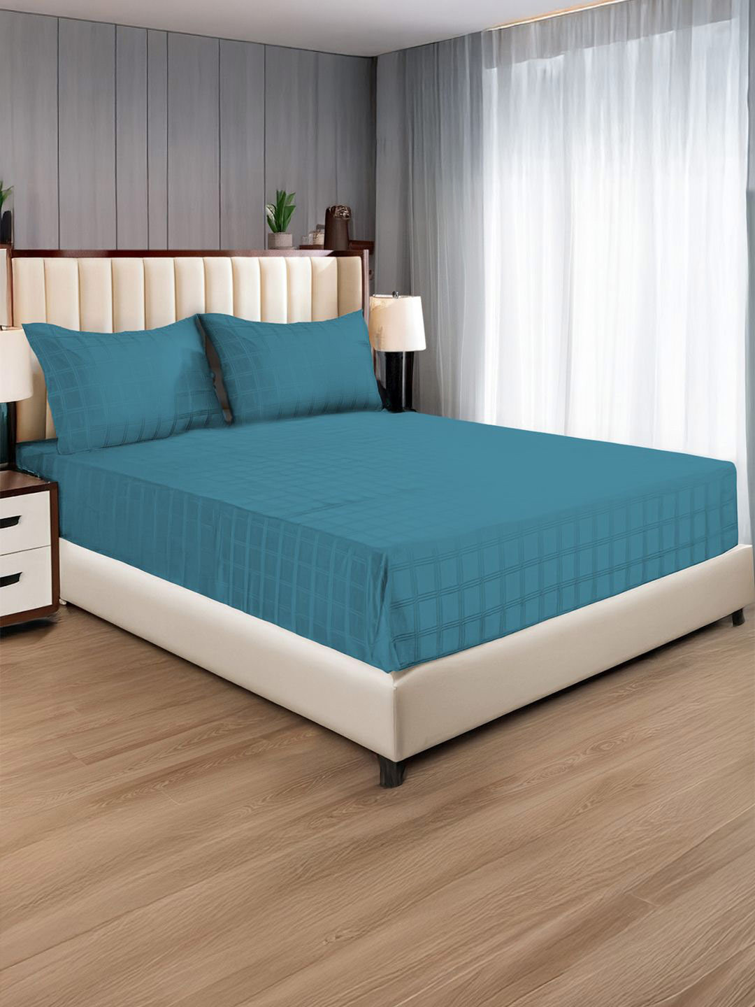 URBAN SPACE Premium Teal Checked Cotton 300 TC King Fine Bedsheet with 2 Pillow Covers-108 x 108 inches