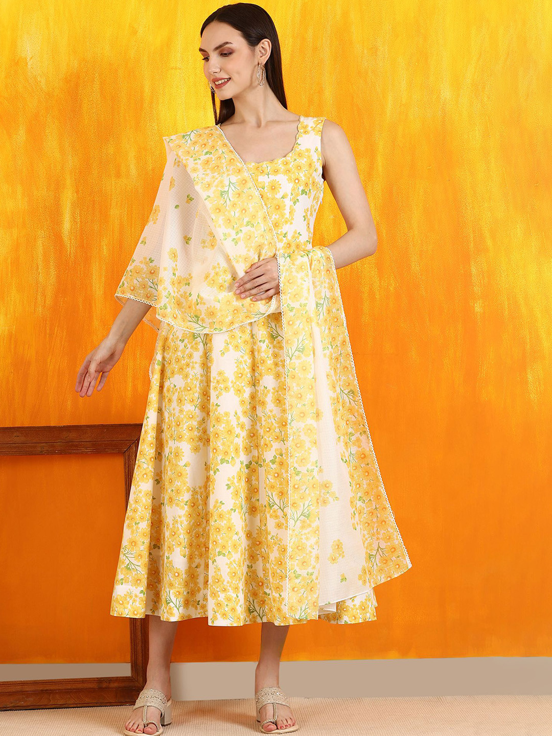 W Printed Round Neck Ethnics Dress With Dupatta