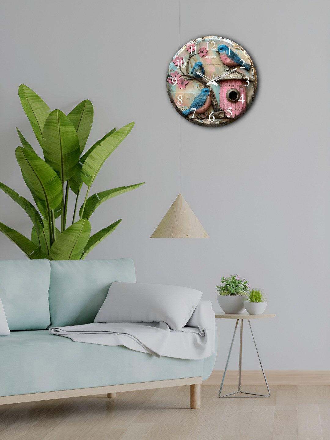 OLIVE TREE Brown & Blue Printed Contemporary Wood Wall Clock