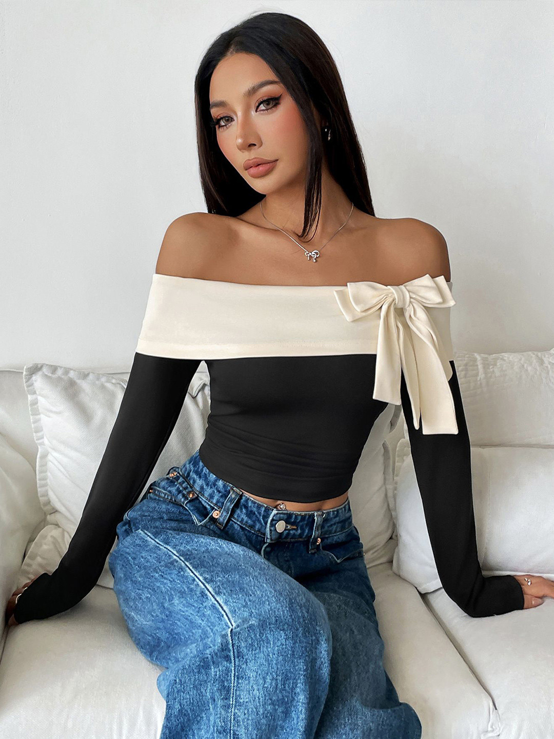 bebe Color Block Off-Shoulder Bow Detail Long Sleeve Top
