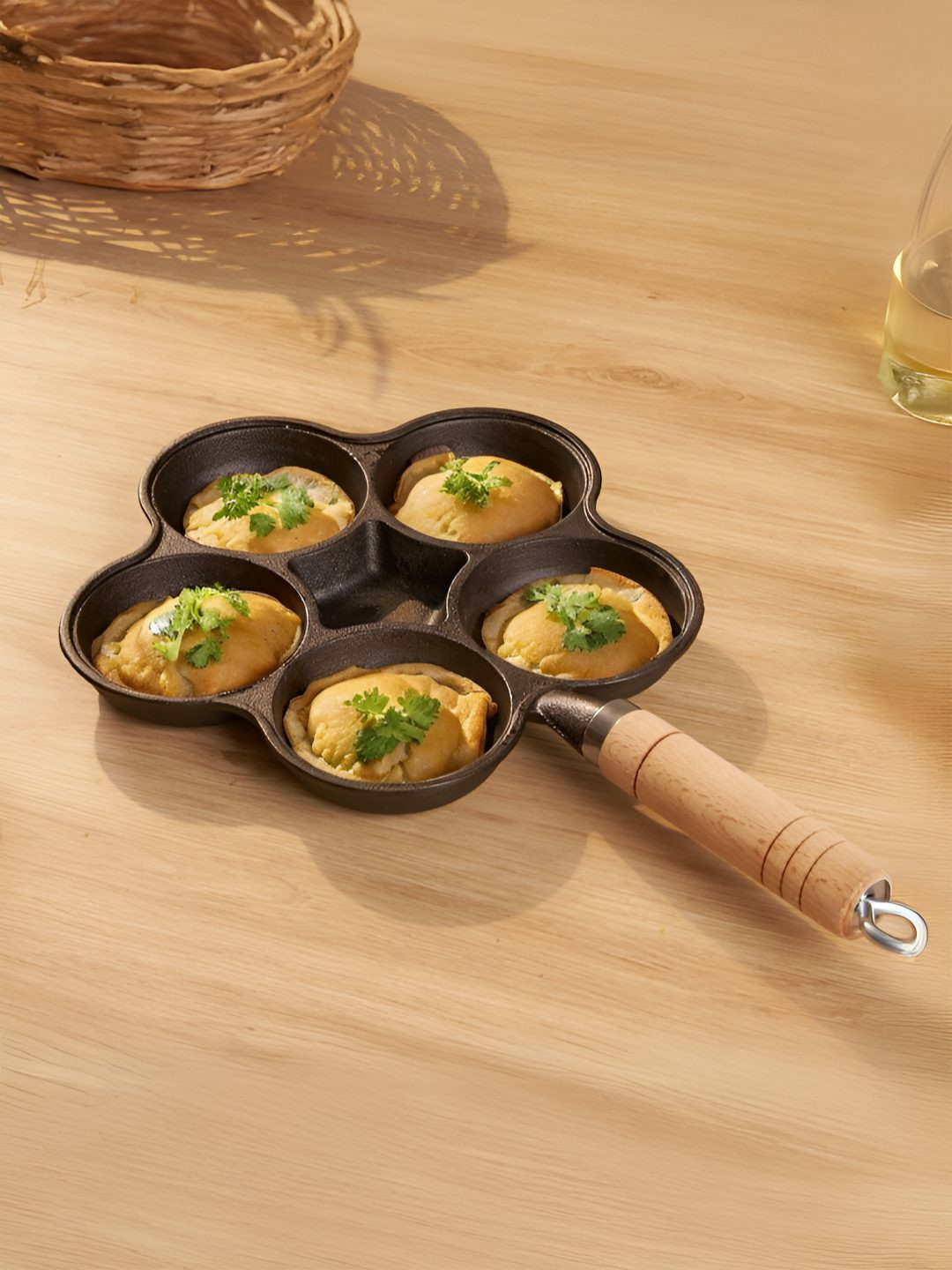 HOMEESSENTIALS Black 6 Hole Iron Nonstick Skillet Egg Pan With Wood Handle