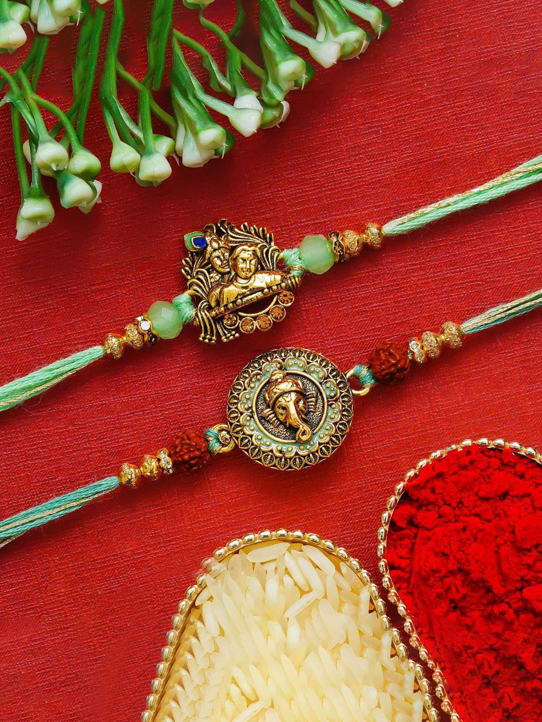 eCraftIndia Set of 2 Ganesha & Radha Krishna Rudraksha Rakhi