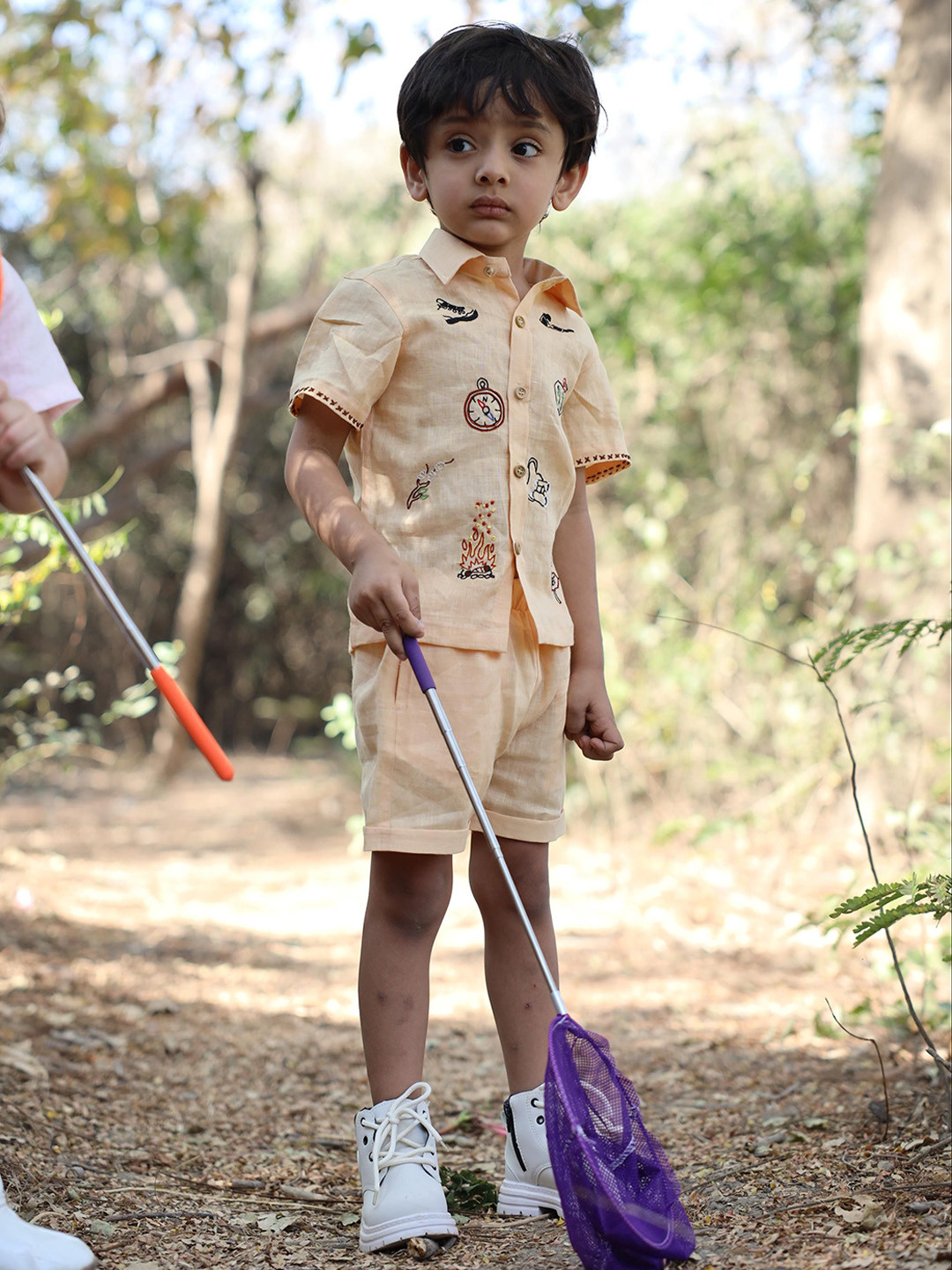 Funny Bones Clothings Boys Trails & Tent Embroidered Linen Shirt With Shorts