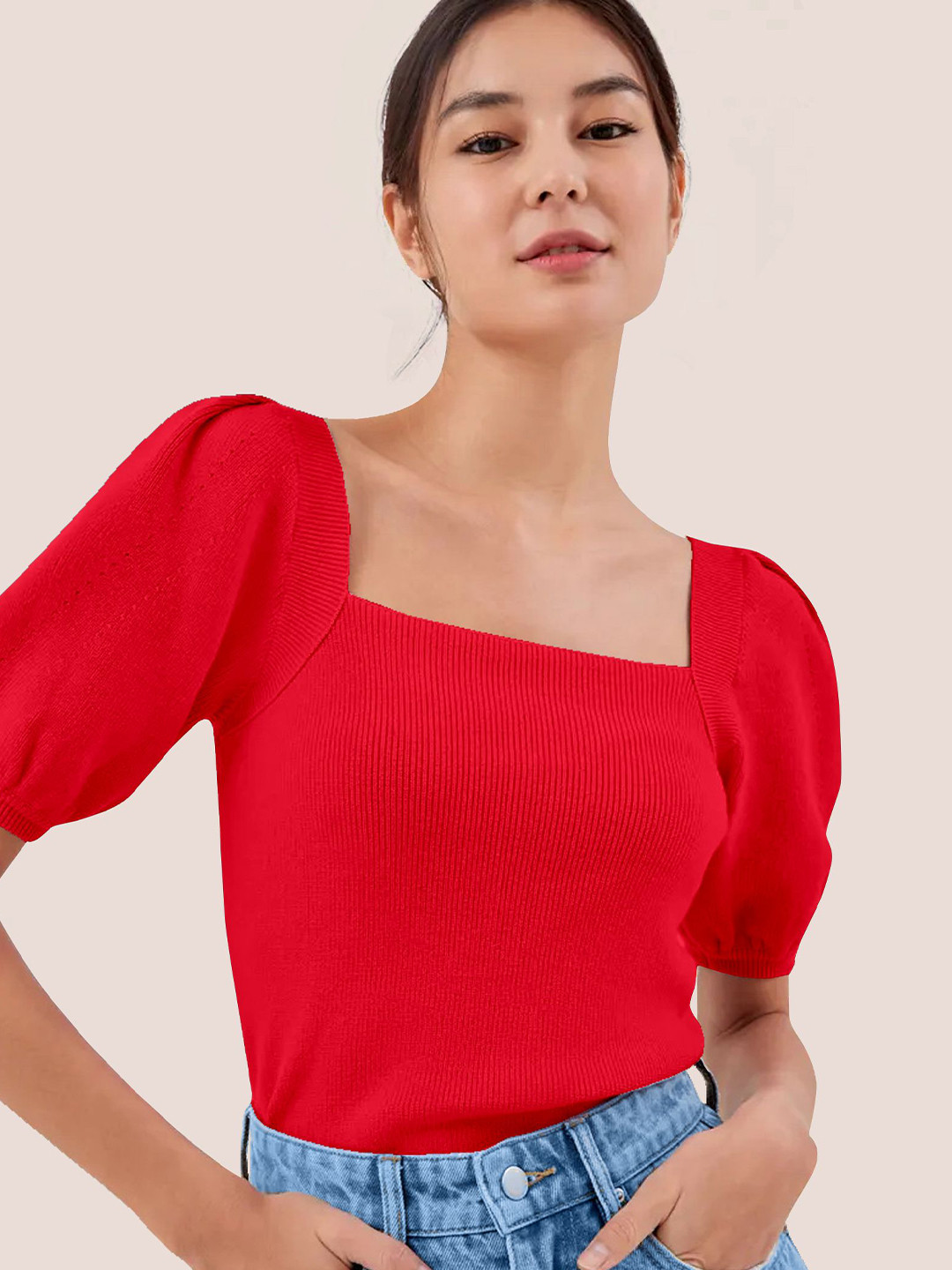 The Cloth Crow Women Puff Sleeve Square Neck