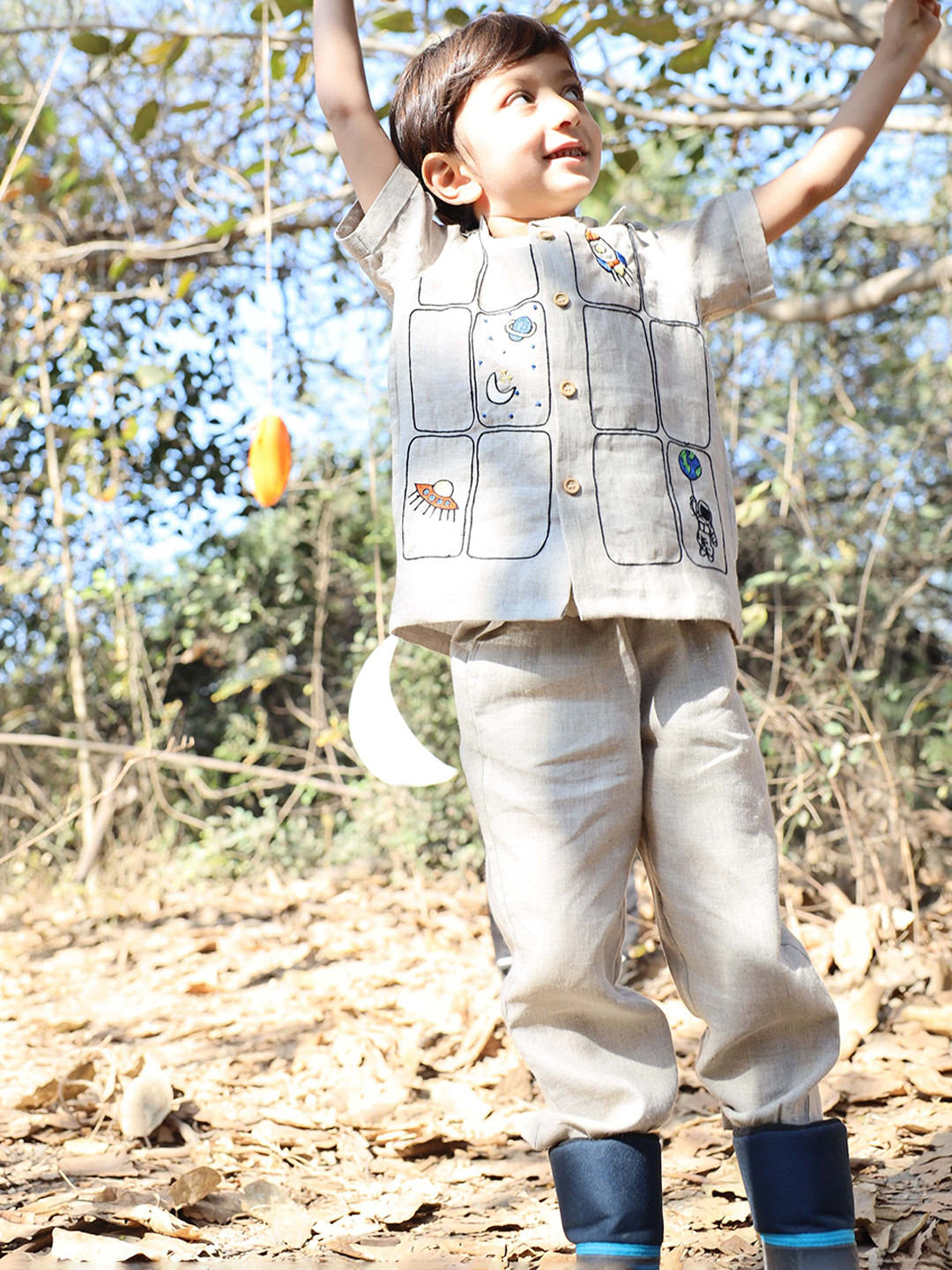 Funny Bones Clothings Boys Imperial Stars & Shuttle Embroidered Linen Shirt With Trouser