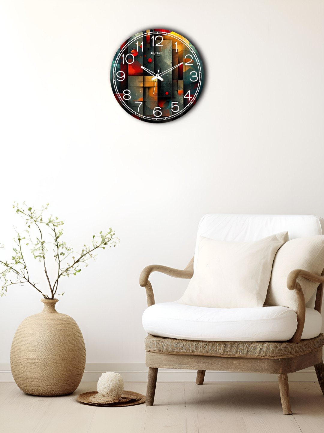 OLIVE TREE Wooden Wall Clock Teal & Red Printed Round Contemporary Wall Clock