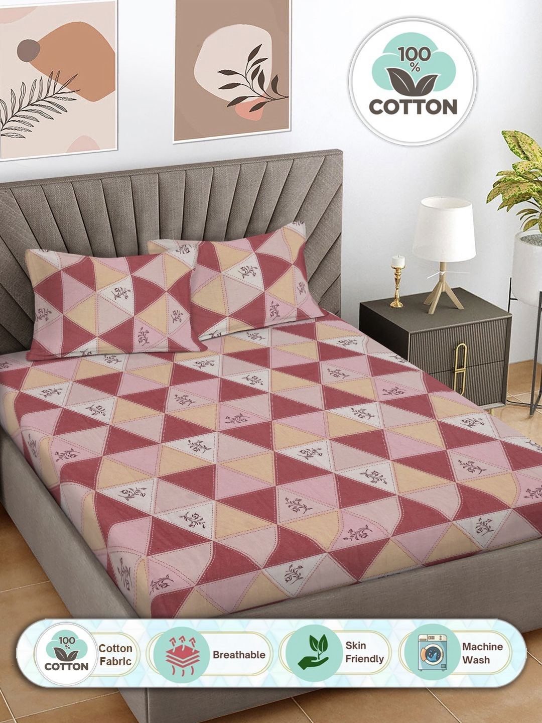 Myntra Elegant Homes Red Geometric Cotton 300 TC King Fine Bedsheet with 2 Pillow Covers-98 x 89 inches
