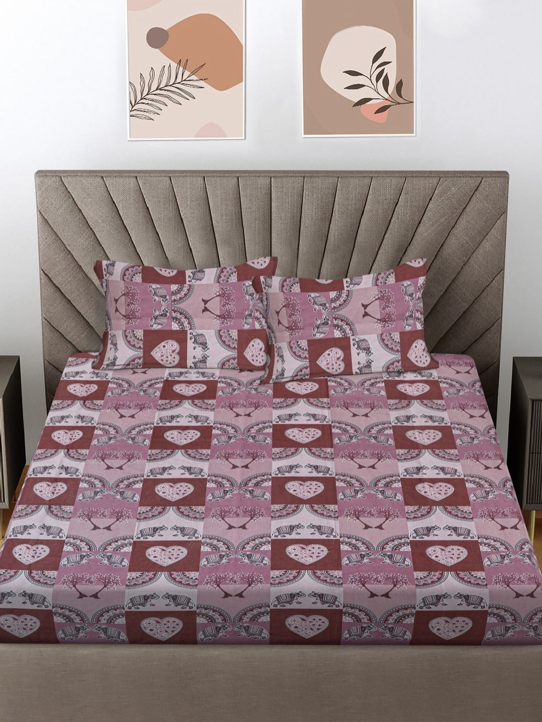 Myntra Elegant Homes Onion Ethnic Purple Ethnic Motifs Pure Cotton Skin-Friendly 300 TC King Superfine Bedsheet with 2 Pillow Covers-98 x 89 inches