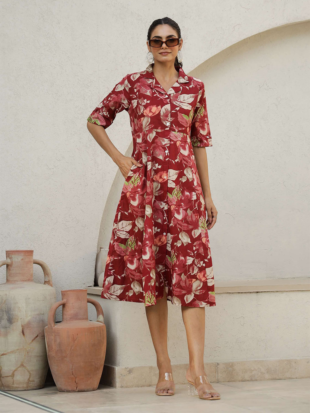 FLAVIA CREATION Women Lapel Collar Cotton Shirt Dress