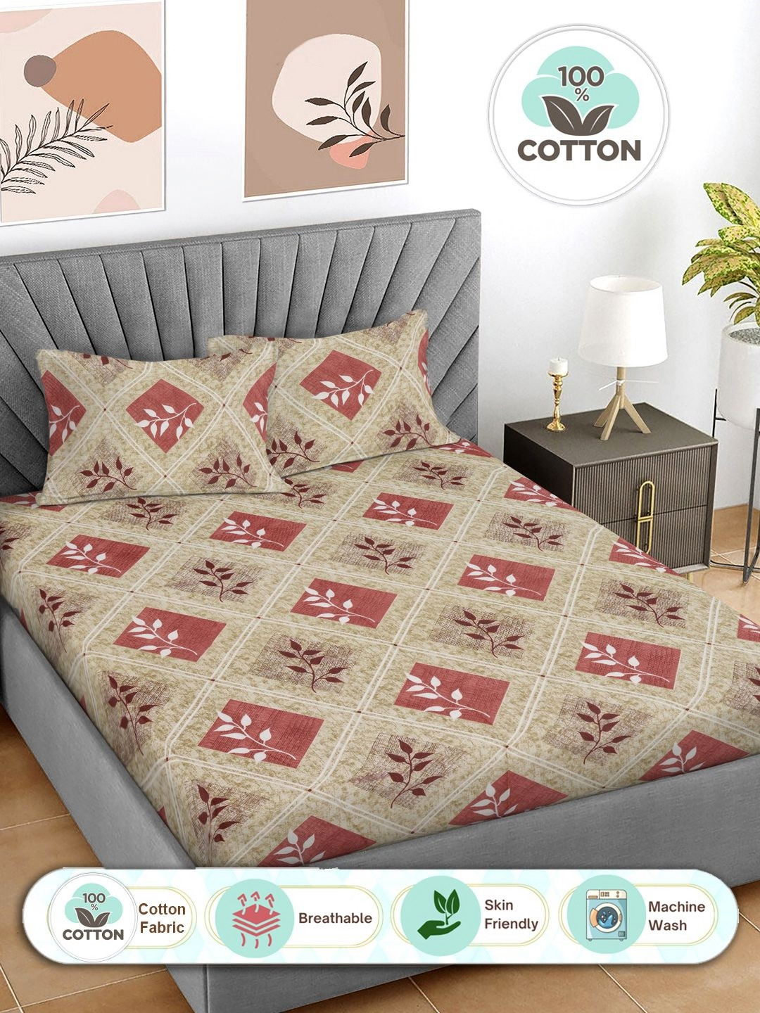 FABINALIV Yellow Leaf Pure Cotton Breathable 300 TC King Superfine Bedsheet with 2 Pillow Covers-250 x 225 cm