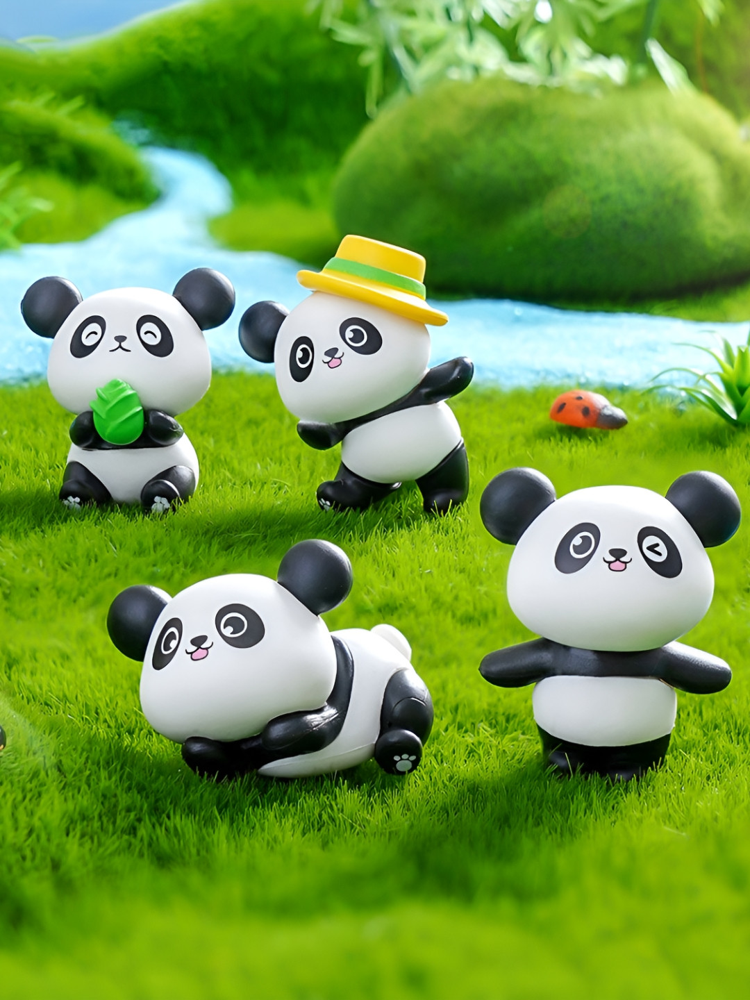 Spiaty Cute Panda White Polyresin Natural Living Room Set of 4 Medium Showpieces - 6 Inches