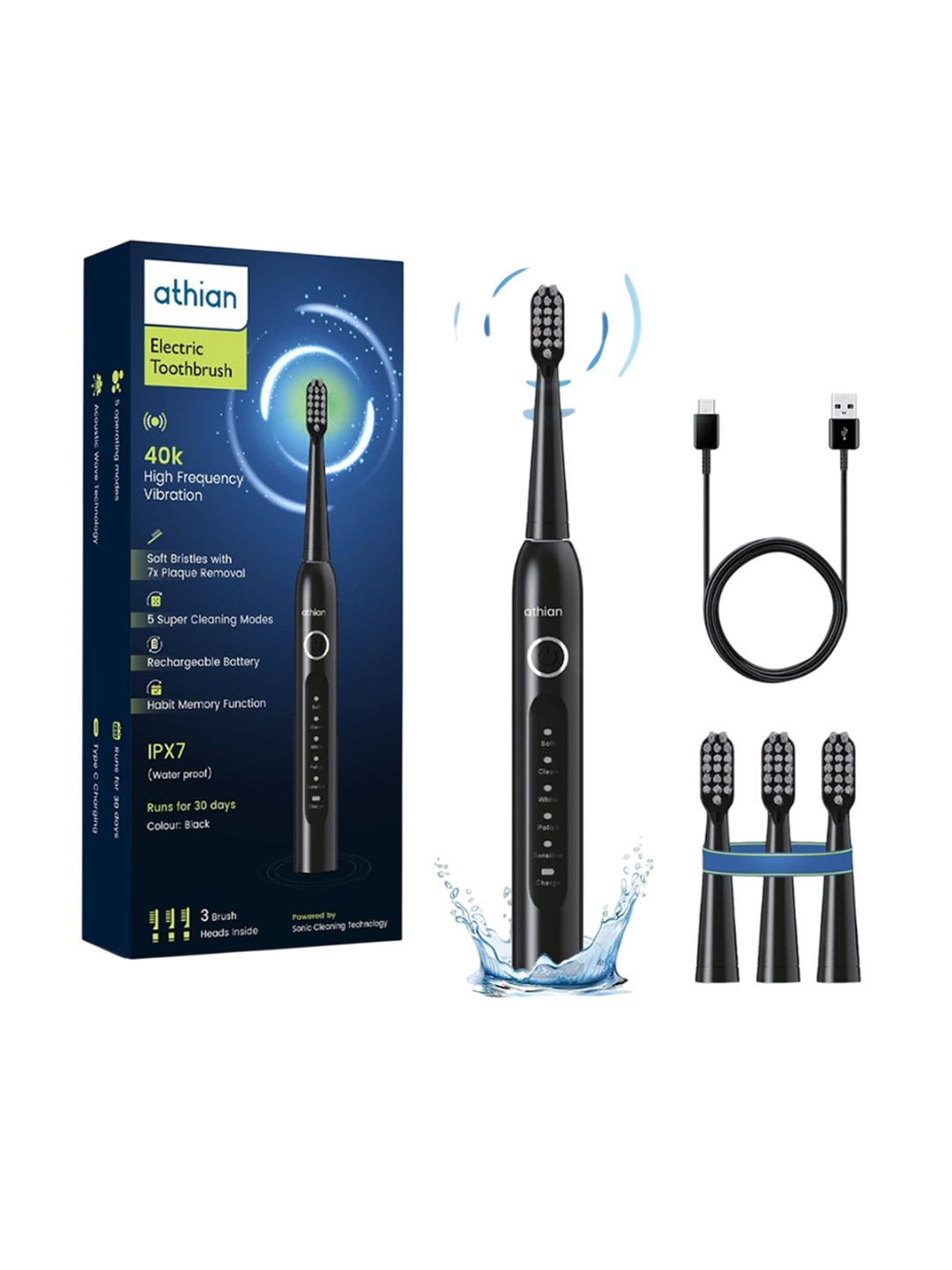 Athian Rechargeable Electric Toothbrush With 3 Brush Heads - Black
