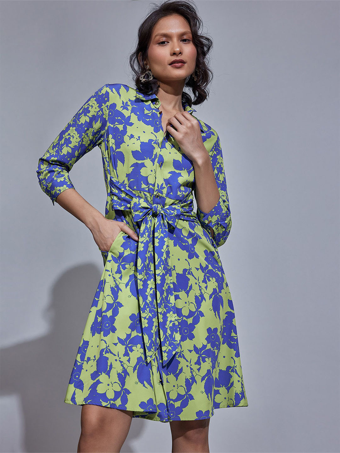 The Label Life Women Blue & Pear Floral Print Shirt Dress