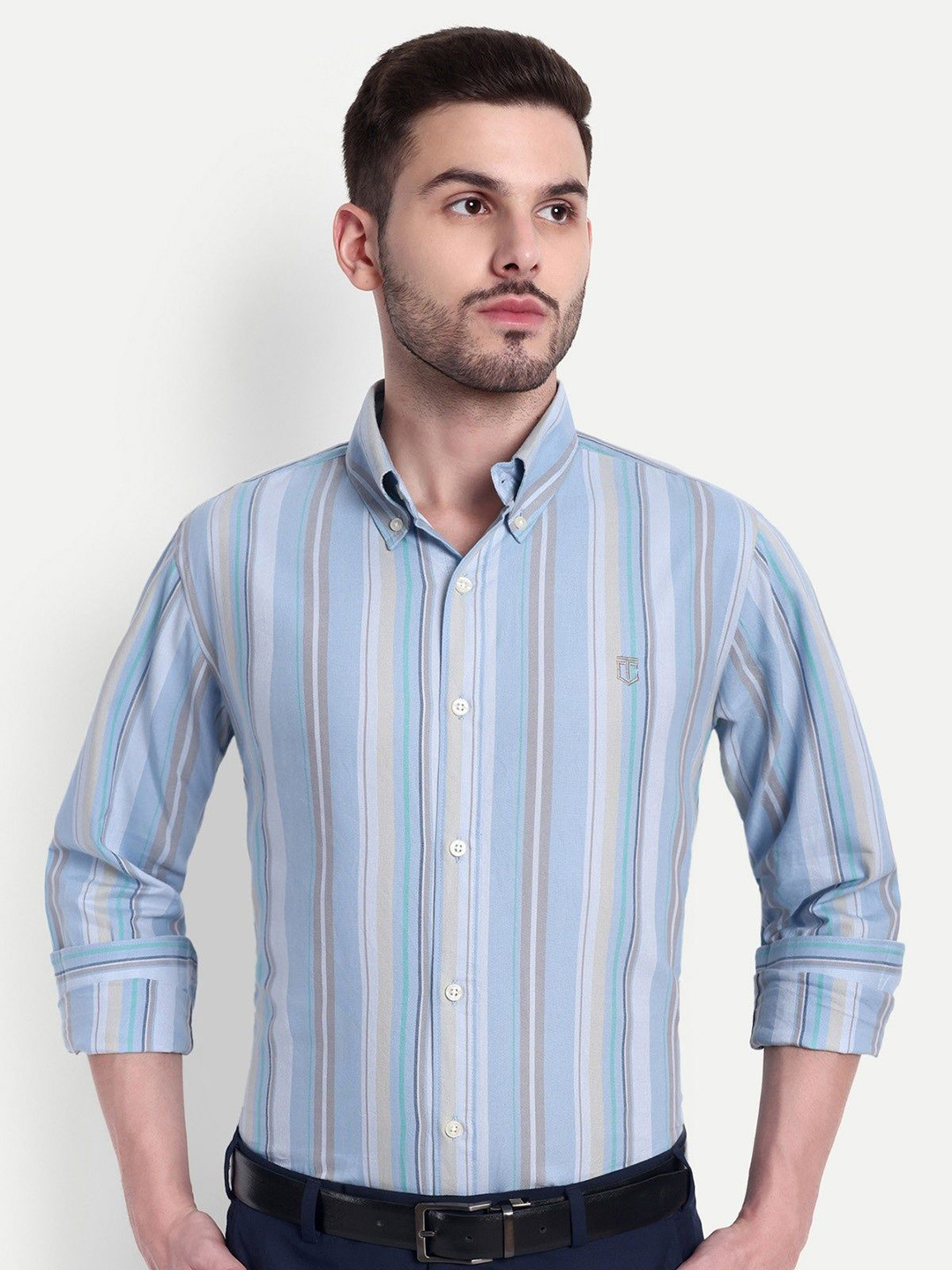 The Collared Men Classic Tailored Fit Horizontal Stripes Checked Casual Shirt
