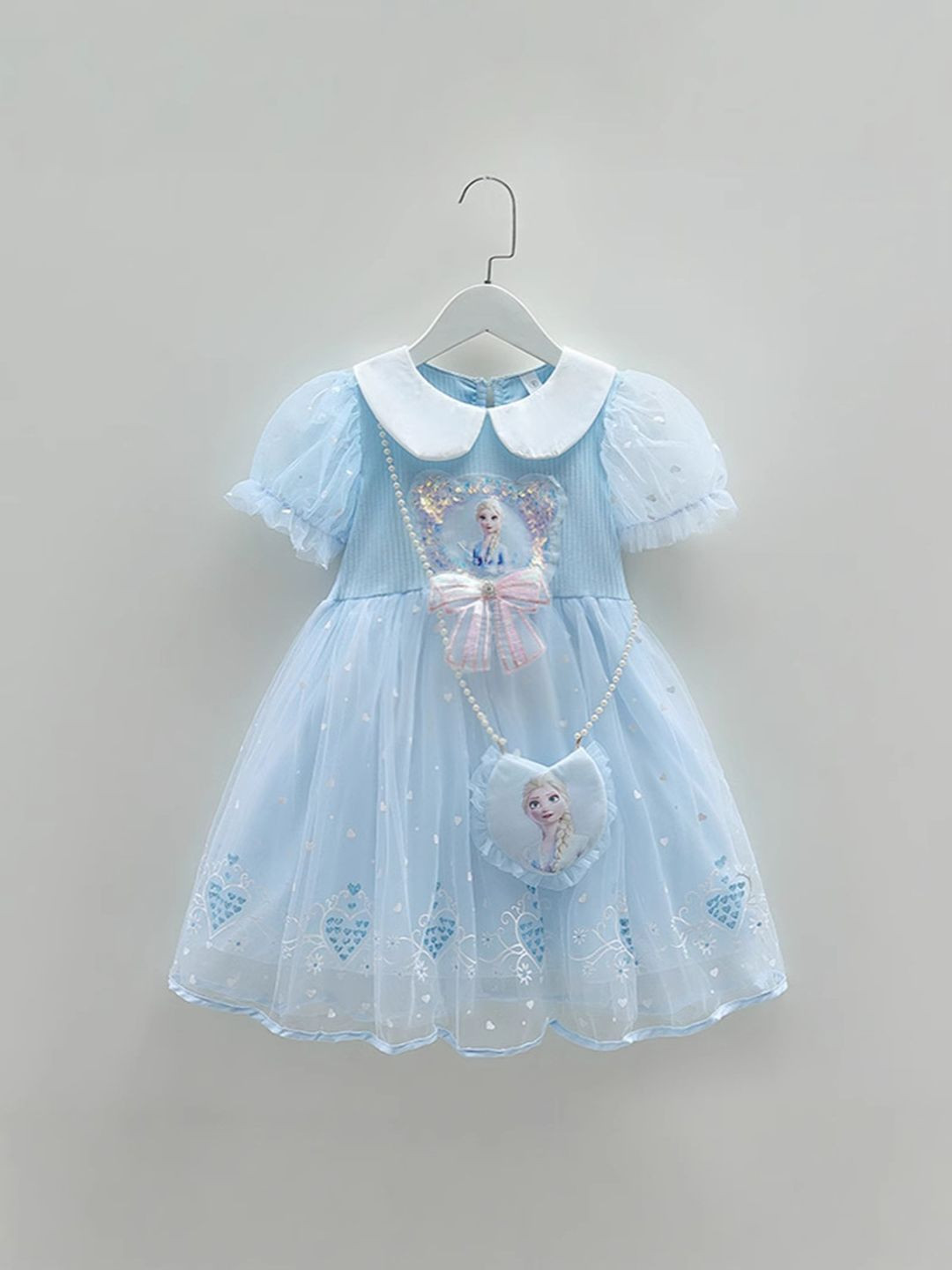 YK Girls Printed Round Neck Embellished Detail Peter Pan Collar Fit and Flare Dress