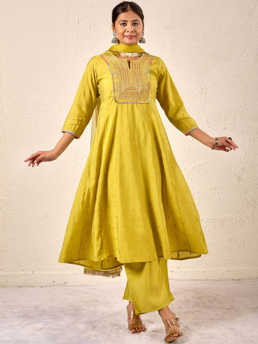 ISHWAR Yoke Design Notch Neck A Line Kurta With Trousers & Dupatta