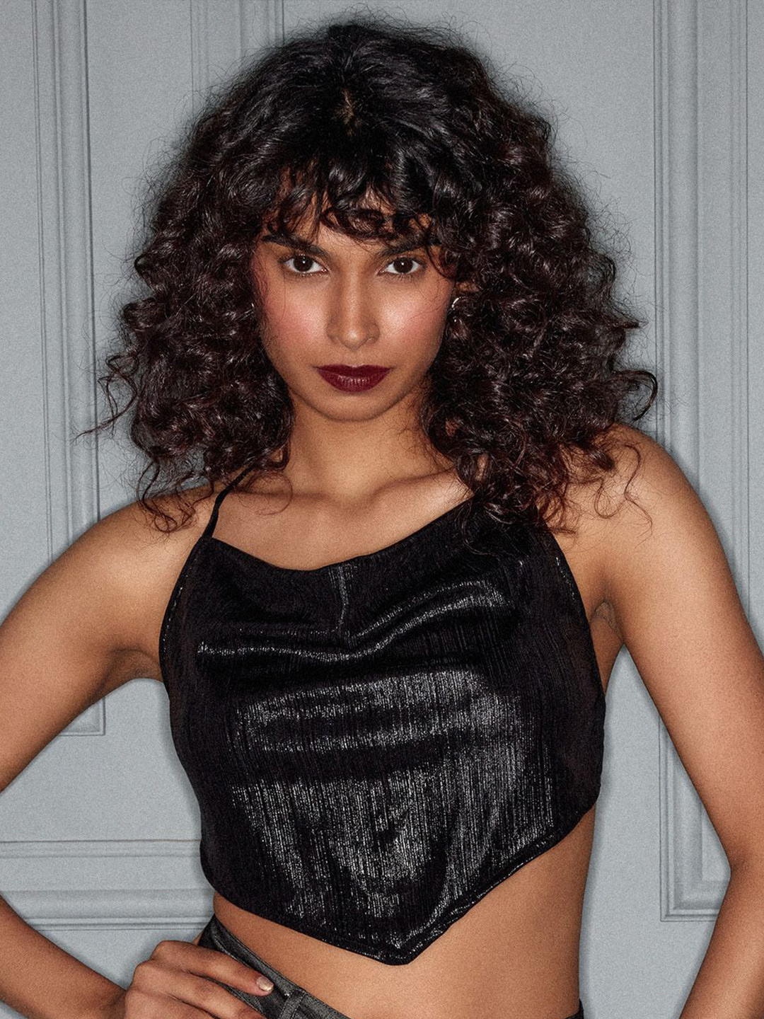 The Label Life Black Shimmer Cowl Neck Halter Cam