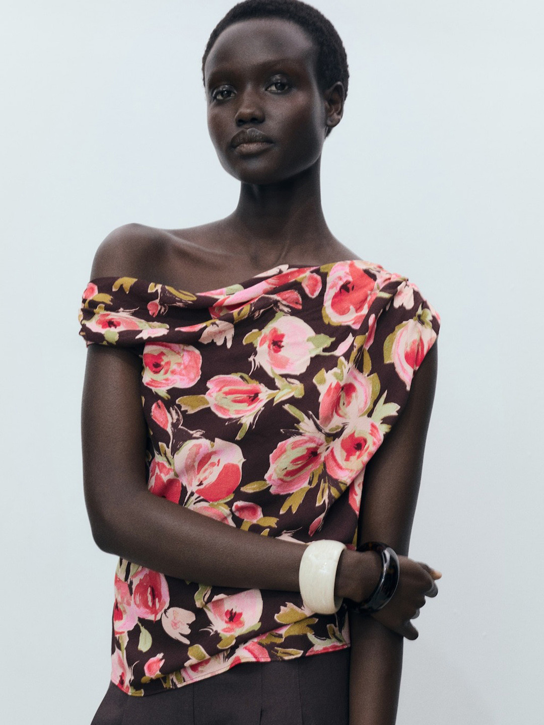 MANGO Floral Print One Shoulder Top