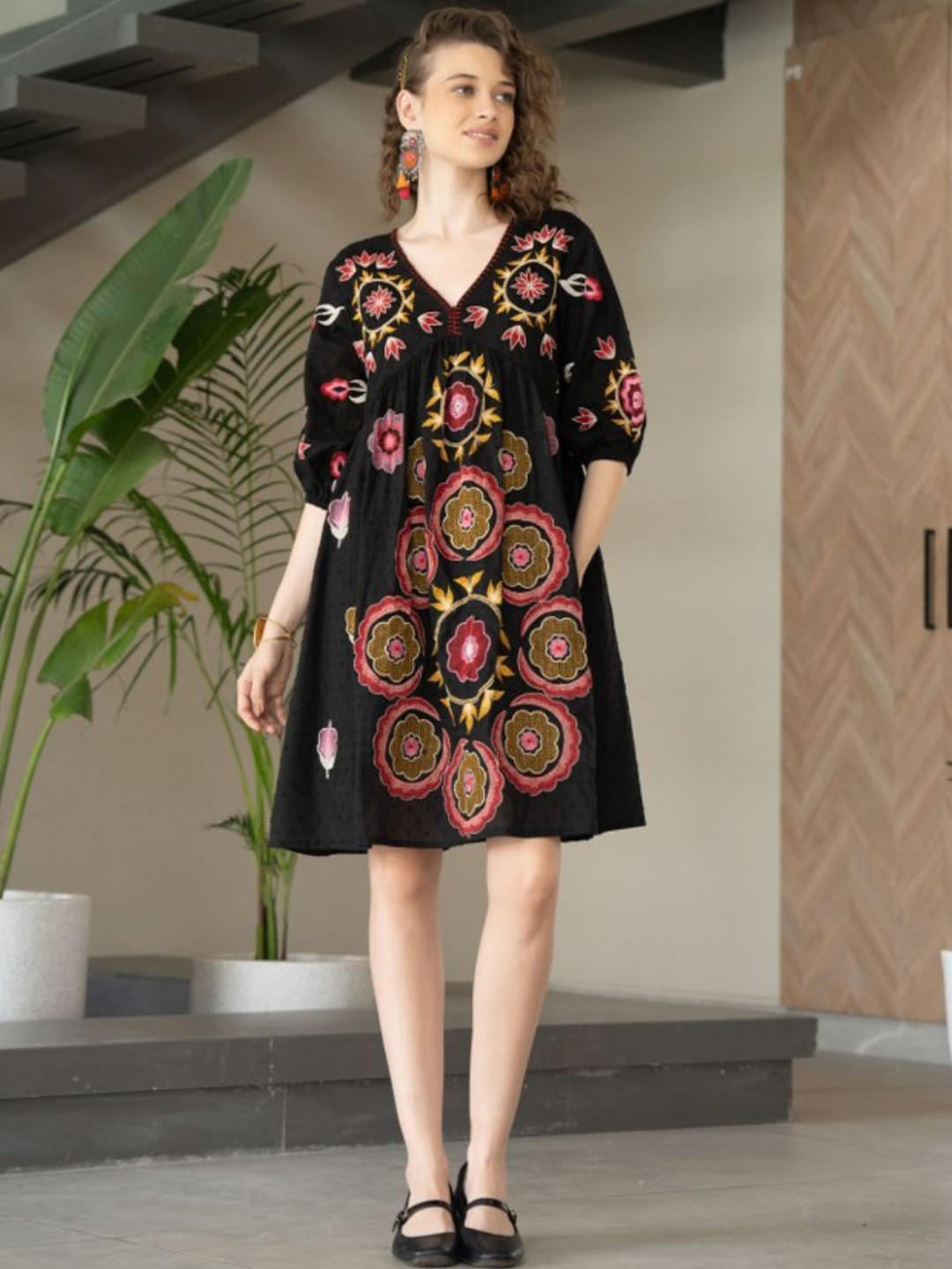 Zolo Label Women Chic Black Embroidered Cotton Midi Dress with V-Neck & Elbow Sleeves