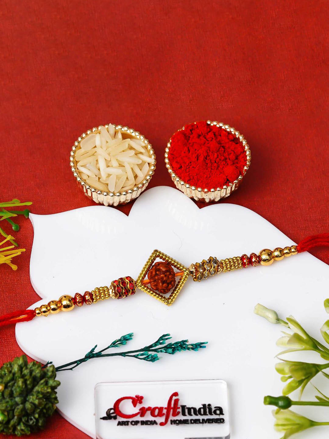 eCraftIndia Stones Studded Rudraksha Design Thread Rakhi