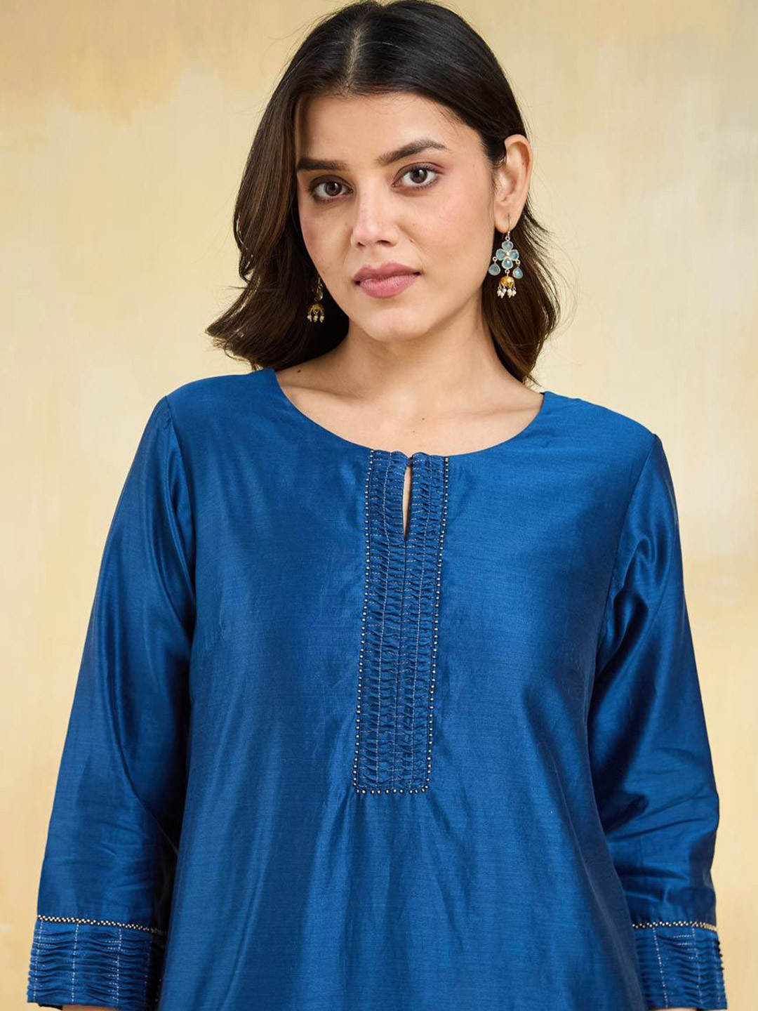 Fabindia Solid Round Neck A-Line Cotton Silk Straight Kurta