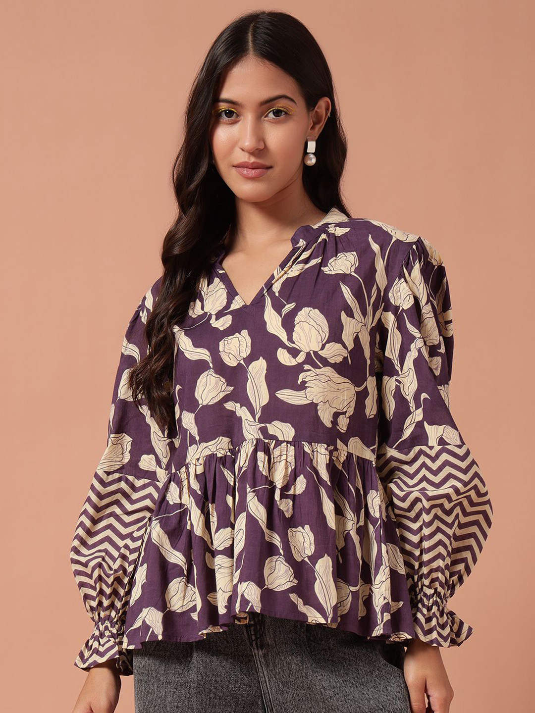 The Dry State Floral Printed Bishop Sleeves Cotton Peplum Top