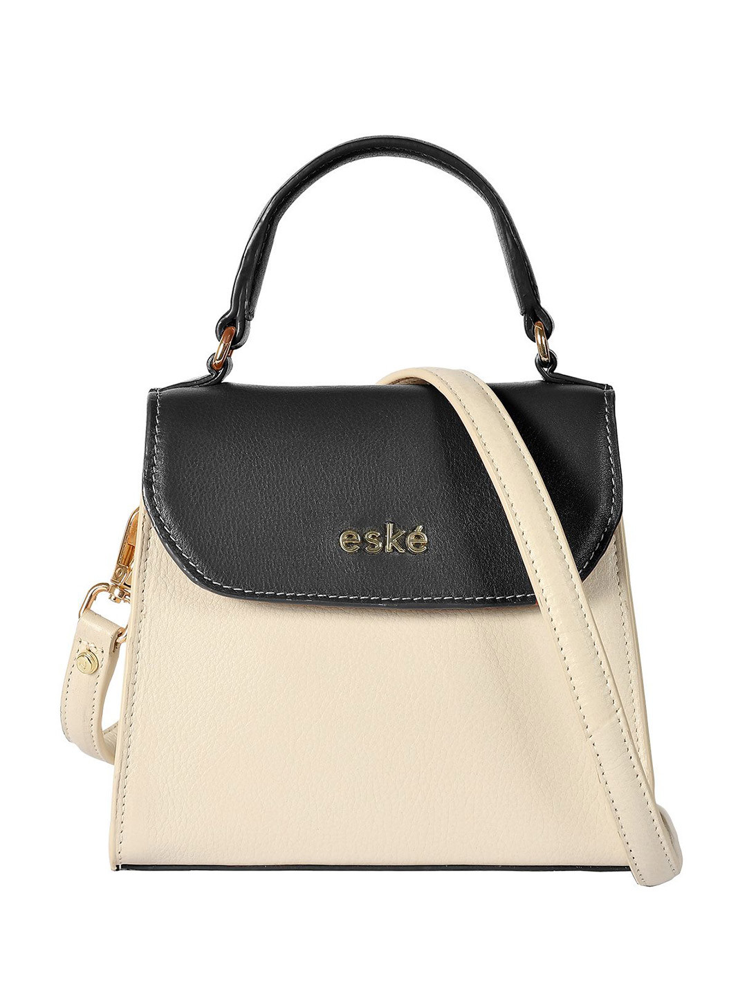 eske Women Black Solid Flap Closure Compact Shape Small Leather Satchel Handbag