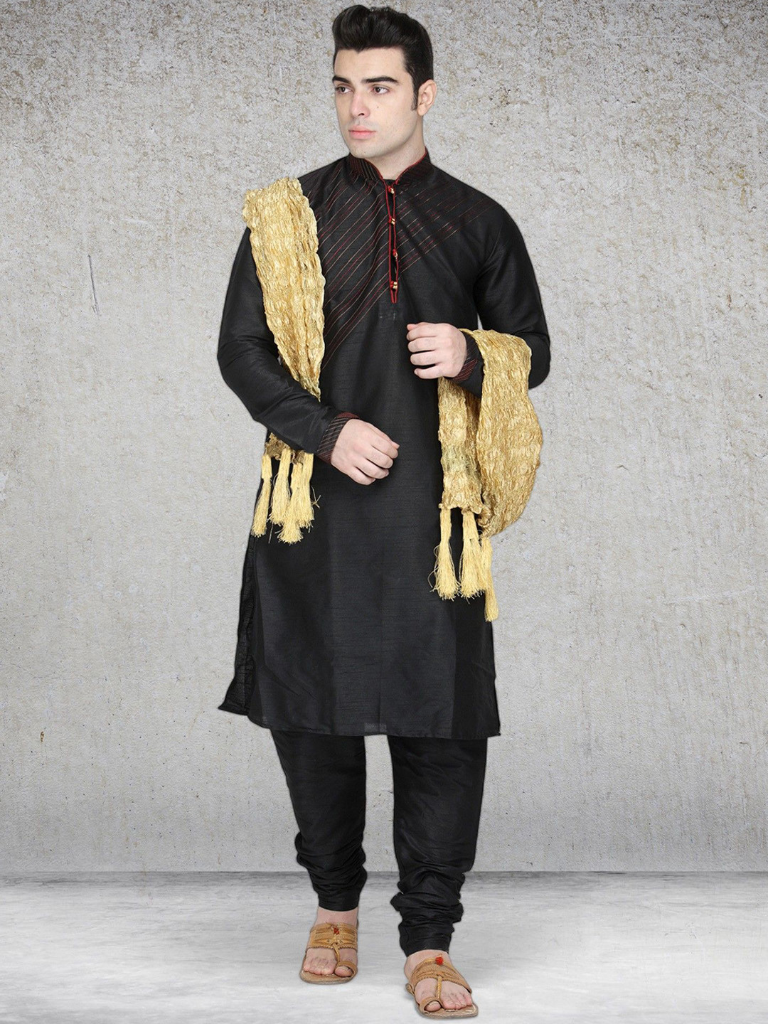 Moda Rapido Striped Yoke Design Thread Work Art Silk Kurta With Pyjamas And Dupatta