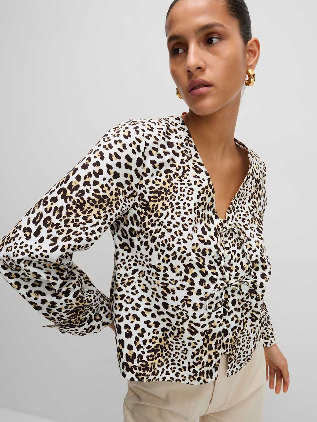 Marks & Spencer Women V-Neck Pure Cotton Animal Printed Tie Front Top