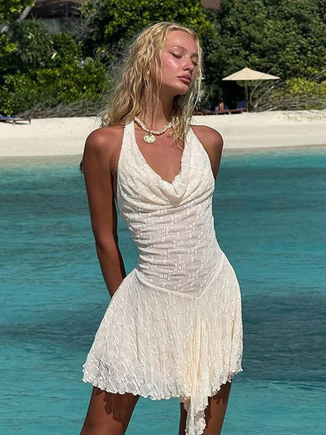 Outzidr Women Lace Cowl Dress