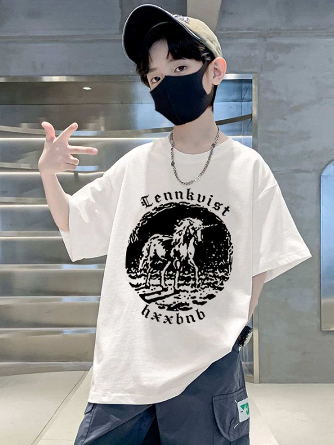 Xsole Boy Round Neck Drop-Shoulder Sleeves Oversized Cotton T-shirt