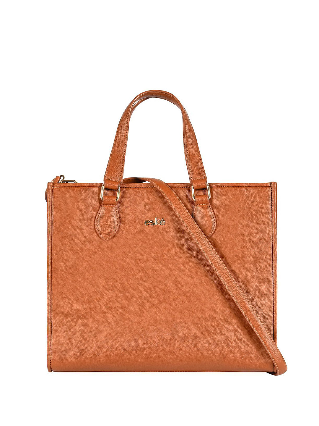 eske Women Tan Solid Sling Strap Magnetic Closure Leather Office Daily Tote Bag