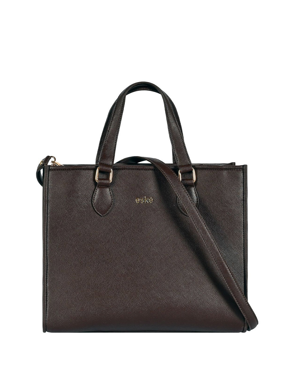 eske Women Brown Solid Sling Strap Magnetic Closure Leather Office Daily Tote Bag
