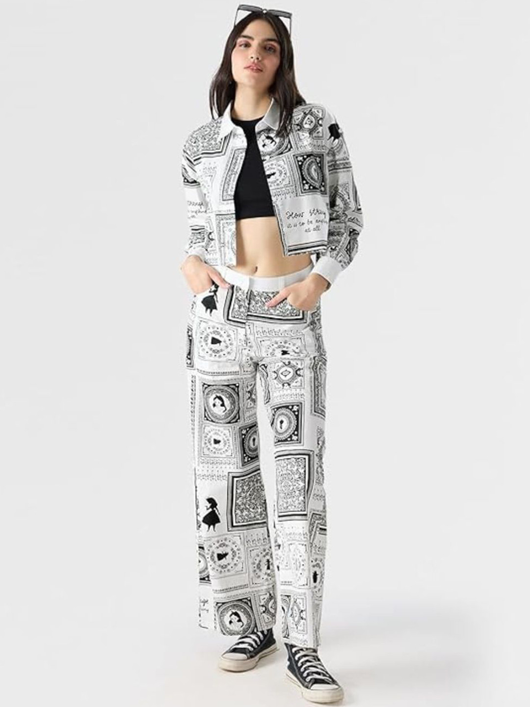 TJ FASHION Printed Cotton Cropped Shirt With Trouser Co-Ords