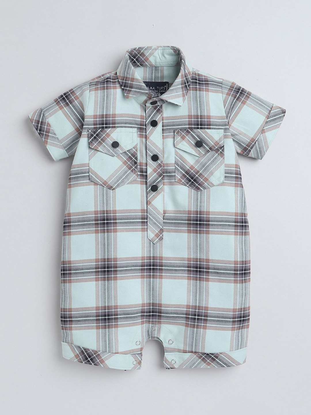 Polka Tots Unisex Kids Half Sleeve Checks Print Shirt Romper With Bow Green Rompers