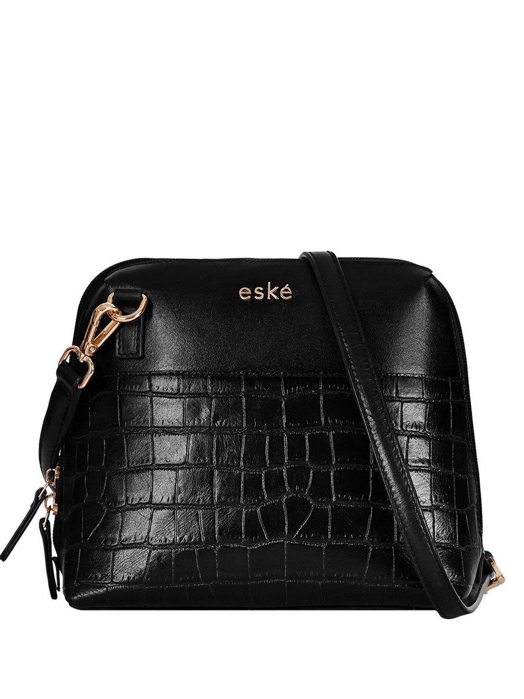 eske Women Black Printed Adjustable Sling Strap 2 Zip Pocket Leather Mini Shoulder Bag