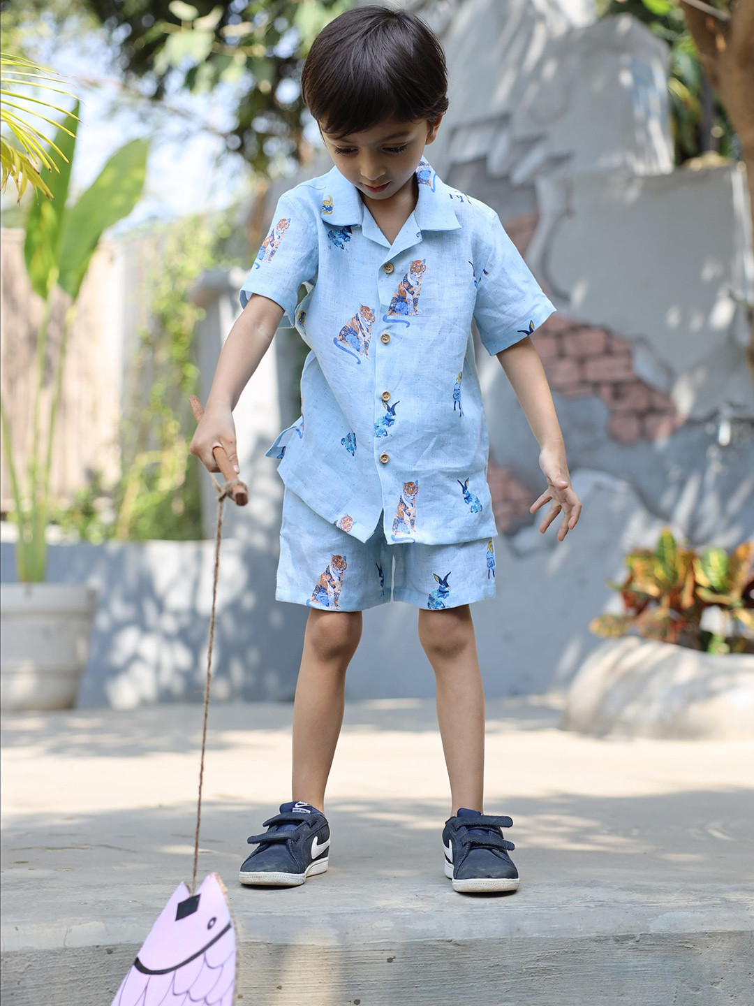Funny Bones Clothings  Boys Royal Toika Printed Linen Shirt With Shorts