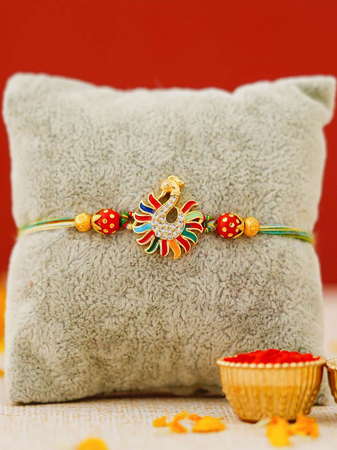 eCraftIndia Stones Studded Peacock Design Thread Rakhi