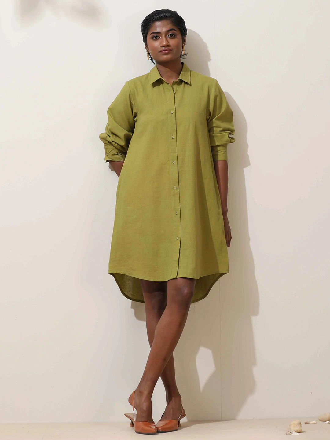trueBrowns Women Pear Green Shirt Collar Cotton Shirt Dress