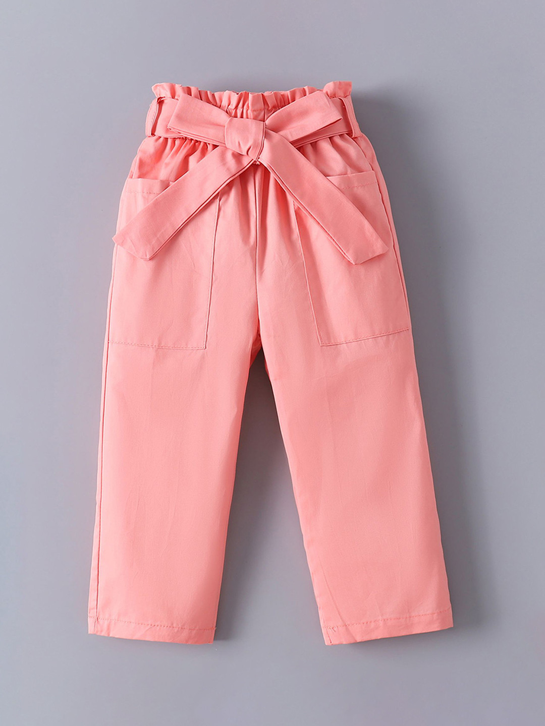 Mark & Mia Girls Mid-Rise Chinos Trousers With Paper Bag Waist & Bow Applique -