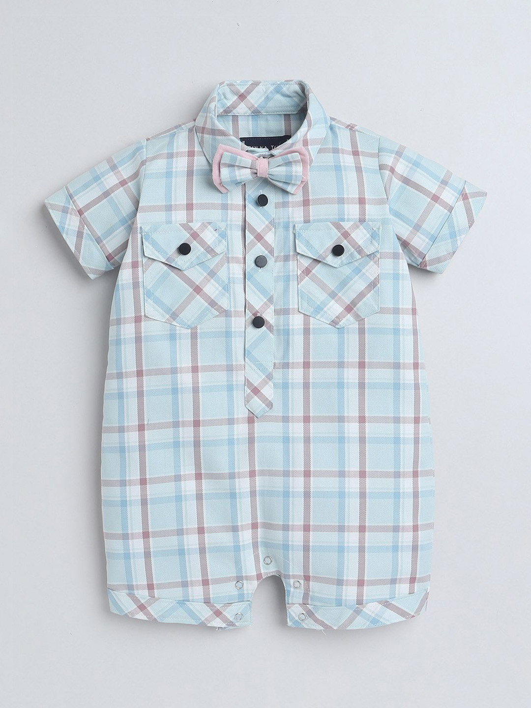 Polka Tots Unisex Kids Turquoise Blue Half Sleeve Checks Print Shirt Romper With Bow