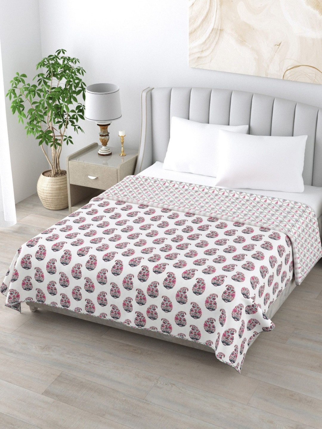 Divine MOdex White & Pink Floral Printed Cotton 180 TC AC Room Reversible Double Bed Dohar