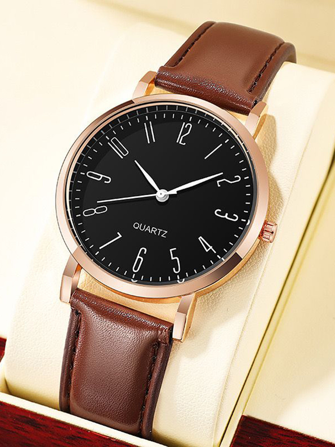 JUST LIKE Men Embellished Dial & Leather Straps Analogue Watch 601 black dial brown belt